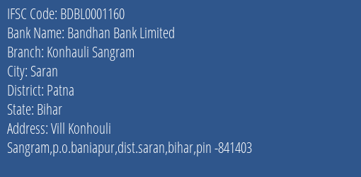 Bandhan Bank Konhauli Sangram Branch Patna IFSC Code BDBL0001160