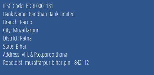 Bandhan Bank Paroo Branch Patna IFSC Code BDBL0001181