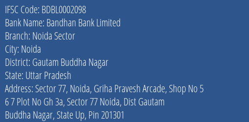 Bandhan Bank Noida Sector Branch Gautam Buddha Nagar IFSC Code BDBL0002098
