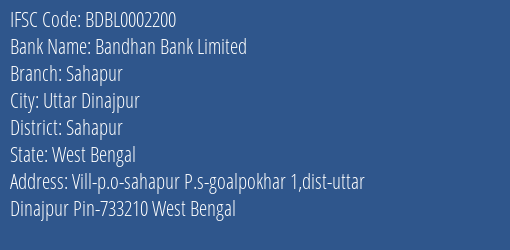 Bandhan Bank Sahapur Branch Sahapur IFSC Code BDBL0002200