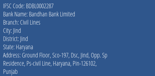 Bandhan Bank Limited Civil Lines Branch, Branch Code 002287 & IFSC Code BDBL0002287