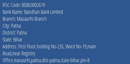 Bandhan Bank Masaurhi Branch Branch Patna IFSC Code BDBL0002619
