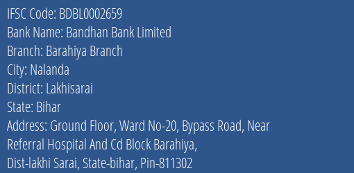 Bandhan Bank Limited Barahiya Branch Branch, Branch Code 002659 & IFSC Code BDBL0002659