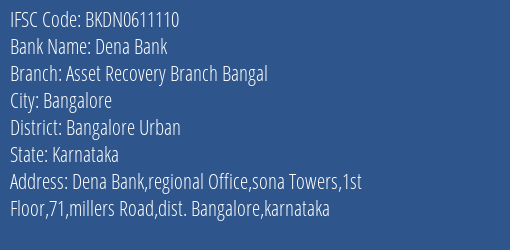 Dena Bank Asset Recovery Branch Bangal Branch Bangalore Urban IFSC Code BKDN0611110