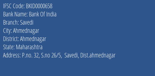 Bank Of India Savedi Branch Ahmednagar IFSC Code BKID0000658