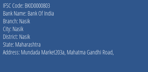 Bank Of India Nasik Branch Nasik IFSC Code BKID0000803