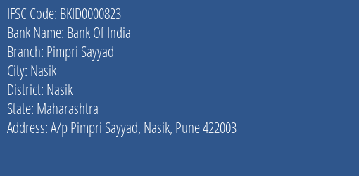Bank Of India Pimpri Sayyad Branch Nasik IFSC Code BKID0000823