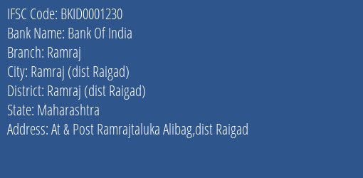 Bank Of India Ramraj Branch Ramraj Dist Raigad IFSC Code BKID0001230