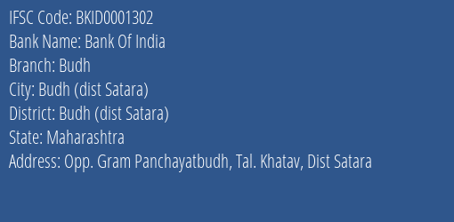 Bank Of India Budh Branch Budh Dist Satara IFSC Code BKID0001302