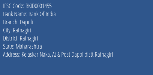 Bank Of India Dapoli Branch Ratnagiri IFSC Code BKID0001455
