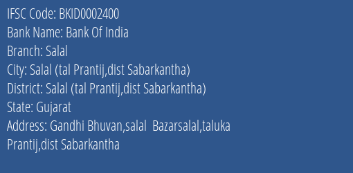 Bank Of India Salal Branch Salal Tal Prantij Dist Sabarkantha IFSC Code BKID0002400