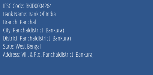 Bank Of India Panchal Branch Panchaldistrict Bankura IFSC Code BKID0004264