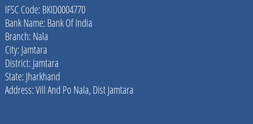 Bank Of India Nala Branch Jamtara IFSC Code BKID0004770
