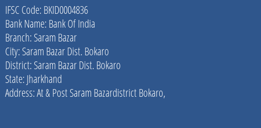 Bank Of India Saram Bazar Branch Saram Bazar Dist. Bokaro IFSC Code BKID0004836
