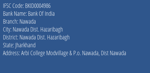Bank Of India Nawada Branch Nawada Dist. Hazaribagh IFSC Code BKID0004986