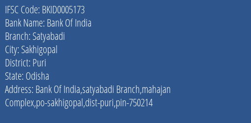 Bank Of India Satyabadi Branch Puri IFSC Code BKID0005173