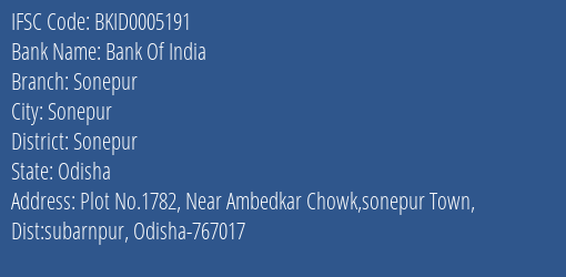 Bank Of India Sonepur Branch Sonepur IFSC Code BKID0005191