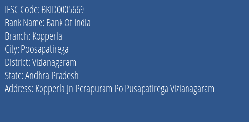 Bank Of India Kopperla Branch Vizianagaram IFSC Code BKID0005669