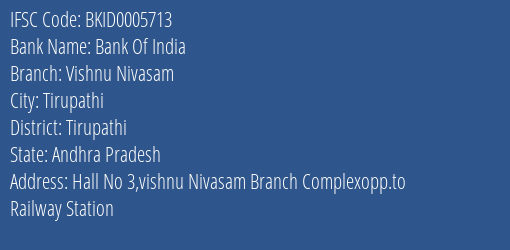 Bank Of India Vishnu Nivasam Branch, Branch Code 005713 & IFSC Code BKID0005713