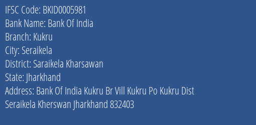 Bank Of India Kukru Branch Saraikela Kharsawan IFSC Code BKID0005981