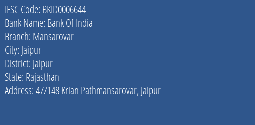 Bank Of India Mansarovar Branch Jaipur IFSC Code BKID0006644