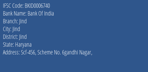 Bank Of India Jind Branch, Branch Code 006740 & IFSC Code BKID0006740