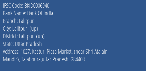 Bank Of India Lalitpur Branch Lalitpur Up IFSC Code BKID0006940