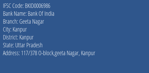 Bank Of India Geeta Nagar Branch Kanpur IFSC Code BKID0006986
