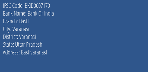 Bank Of India Basti Branch Varanasi IFSC Code BKID0007170