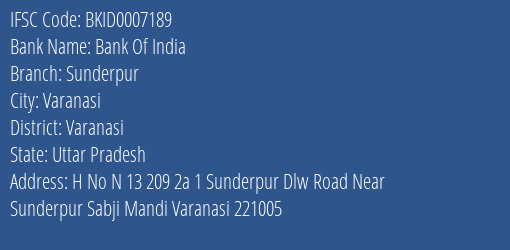 Bank Of India Sunderpur Branch Varanasi IFSC Code BKID0007189