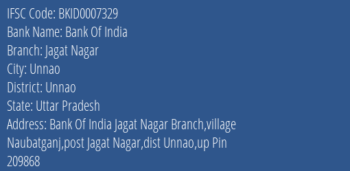 Bank Of India Jagat Nagar Branch Unnao IFSC Code BKID0007329