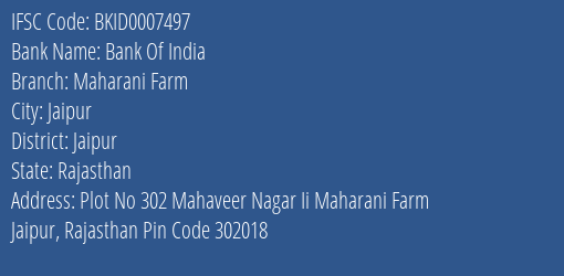 Bank Of India Maharani Farm Branch Jaipur IFSC Code BKID0007497