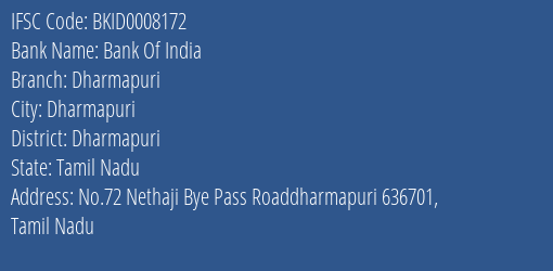 Bank Of India Dharmapuri Branch, Branch Code 008172 & IFSC Code BKID0008172