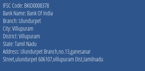 Bank Of India Ulundurpet Branch, Branch Code 008378 & IFSC Code BKID0008378