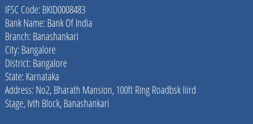 Bank Of India Banashankari Branch, Branch Code 008483 & IFSC Code Bkid0008483
