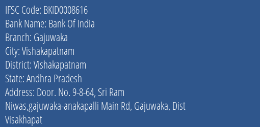 Bank Of India Gajuwaka Branch Vishakapatnam IFSC Code BKID0008616