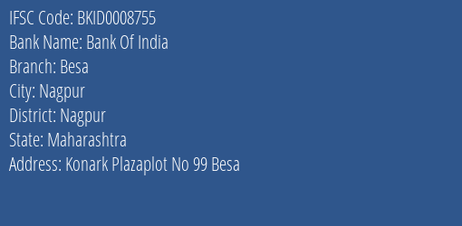 Bank Of India Besa Branch Nagpur IFSC Code BKID0008755