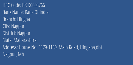 Bank Of India Hingna Branch Nagpur IFSC Code BKID0008766