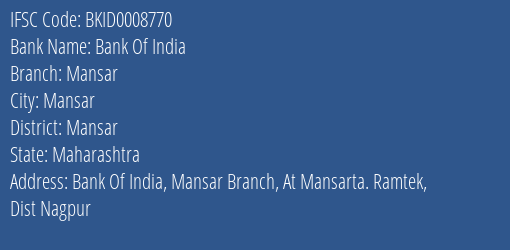 Bank Of India Mansar Branch Mansar IFSC Code BKID0008770