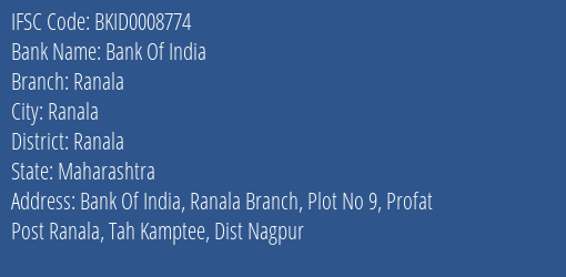 Bank Of India Ranala Branch Ranala IFSC Code BKID0008774