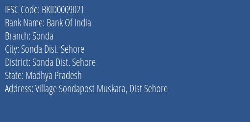 Bank Of India Sonda Branch Sonda Dist. Sehore IFSC Code BKID0009021