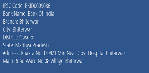 Bank Of India Bhiterwar Branch Gwalior IFSC Code BKID0009086
