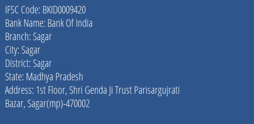 Bank Of India Sagar Branch, Branch Code 009420 & IFSC Code BKID0009420