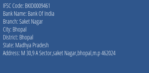 Bank Of India Saket Nagar Branch Bhopal IFSC Code BKID0009461