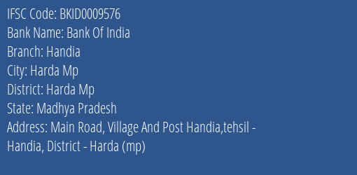 Bank Of India Handia Branch Harda Mp IFSC Code BKID0009576