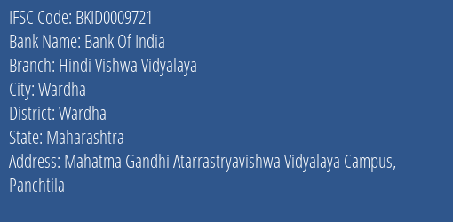 Bank Of India Hindi Vishwa Vidyalaya Branch Wardha IFSC Code BKID0009721