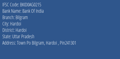 Bank Of India Bilgram Branch Hardoi IFSC Code BKID0AG0215