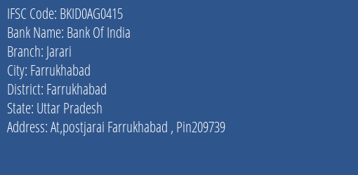 Bank Of India Jarari Branch Farrukhabad IFSC Code BKID0AG0415