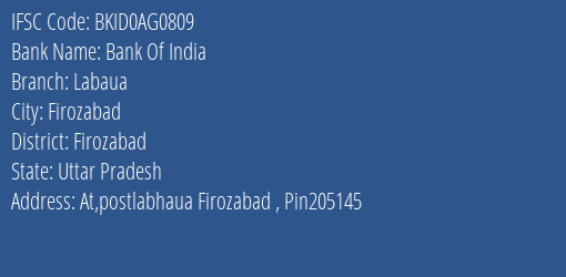 Bank Of India Labaua Branch Firozabad IFSC Code BKID0AG0809