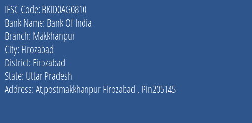 Bank Of India Makkhanpur Branch Firozabad IFSC Code BKID0AG0810